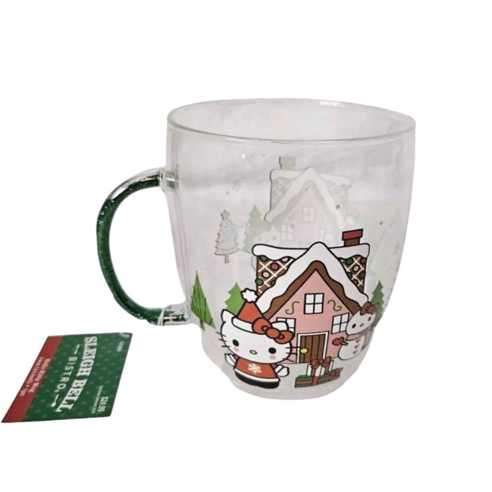 Hello Kitty Christmas Glass Bistro Mug 14oz Gingerbread Snowman Green Handle